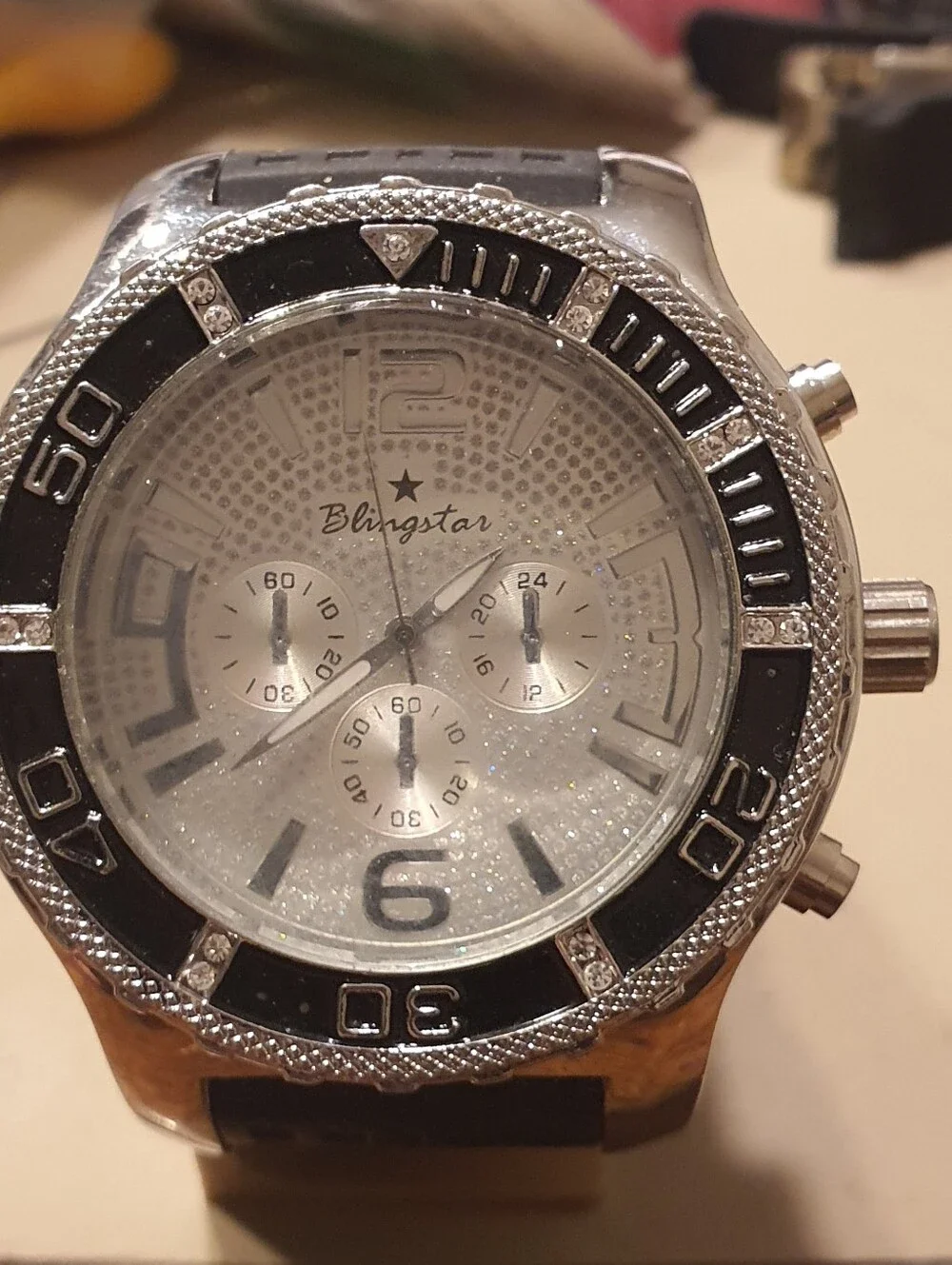 10/$20 Blingstar Silver/Black Rhinestone Rubber Band Diver Style Men's Watch